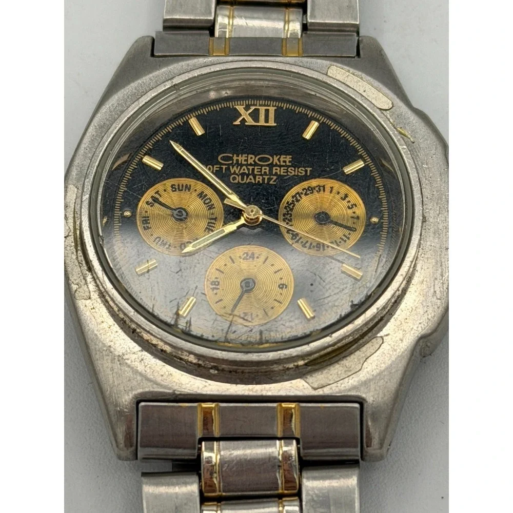 Cherokee Quartz Watch Mens Day Date 24H Gold Tone Steel Japan Movt Running